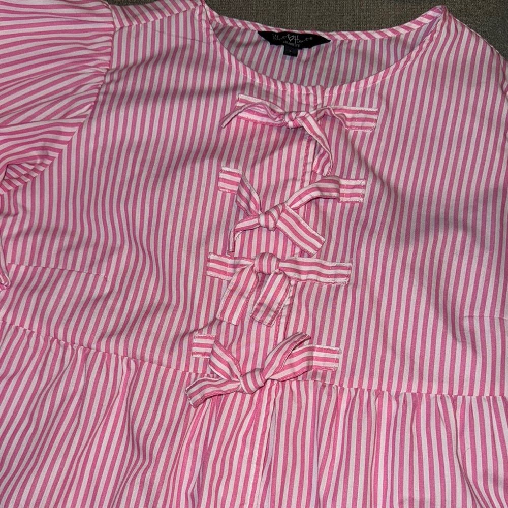 Velvet Heart Pink & White Striped Bow Blouse Size Large - Picture 12 of 13